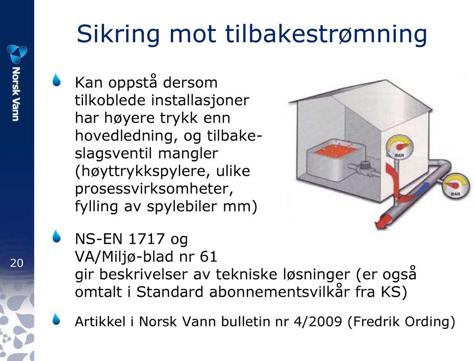 av spylebiler mm) 20 NS-EN 1717 og VA/Miljø-blad nr 61 gir beskrivelser av tekniske løsninger (er