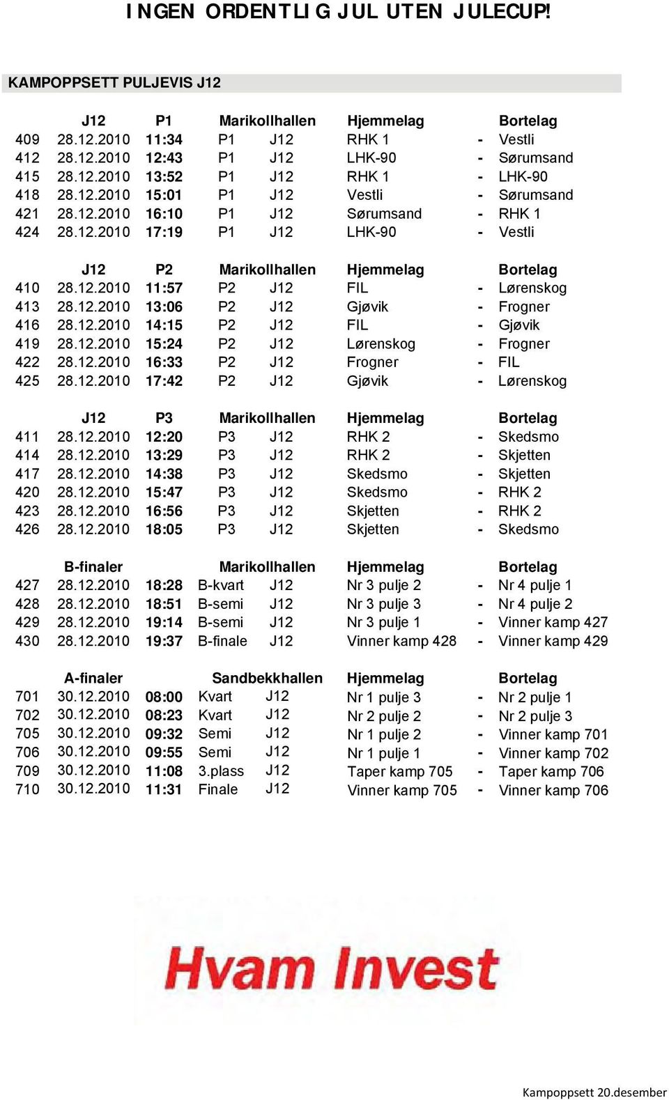 12.2010 13:52 P1 J12 RHK 1 - LHK-90 418 28.12.2010 15:01 P1 J12 Vestli - Sørumsand 421 28.12.2010 16:10 P1 J12 Sørumsand - RHK 1 424 28.12.2010 17:19 P1 J12 LHK-90 - Vestli J12 P2 Marikollhallen Hjemmelag Bortelag 410 28.