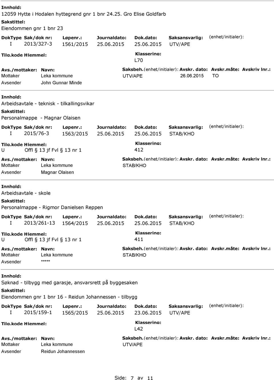 tilkallingsvikar Personalmappe - Magnar Olaisen 2015/76-3 1563/2015 Magnar Olaisen Arbeidsavtale - skole Personalmappe - Rigmor Danielsen