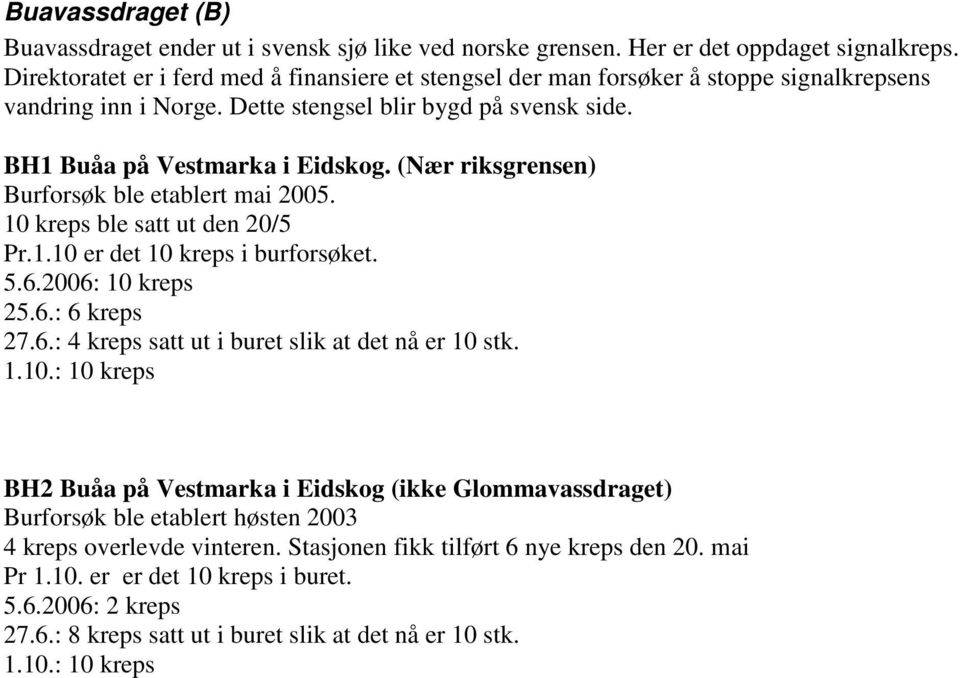 (Nær riksgrensen) Burforsøk ble etablert mai 2005. 10 kreps ble satt ut den 20/5 Pr.1.10 er det 10 kreps i burforsøket. 5.6.2006: 10 kreps 25.6.: 6 kreps 27.6.: 4 kreps satt ut i buret slik at det nå er 10 stk.