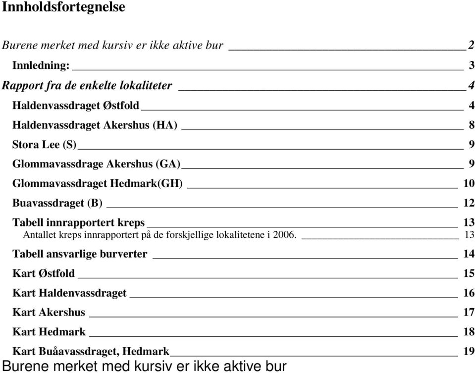 (B) 12 Tabell innrapportert kreps 13 Antallet kreps innrapportert på de forskjellige lokalitetene i 2006.