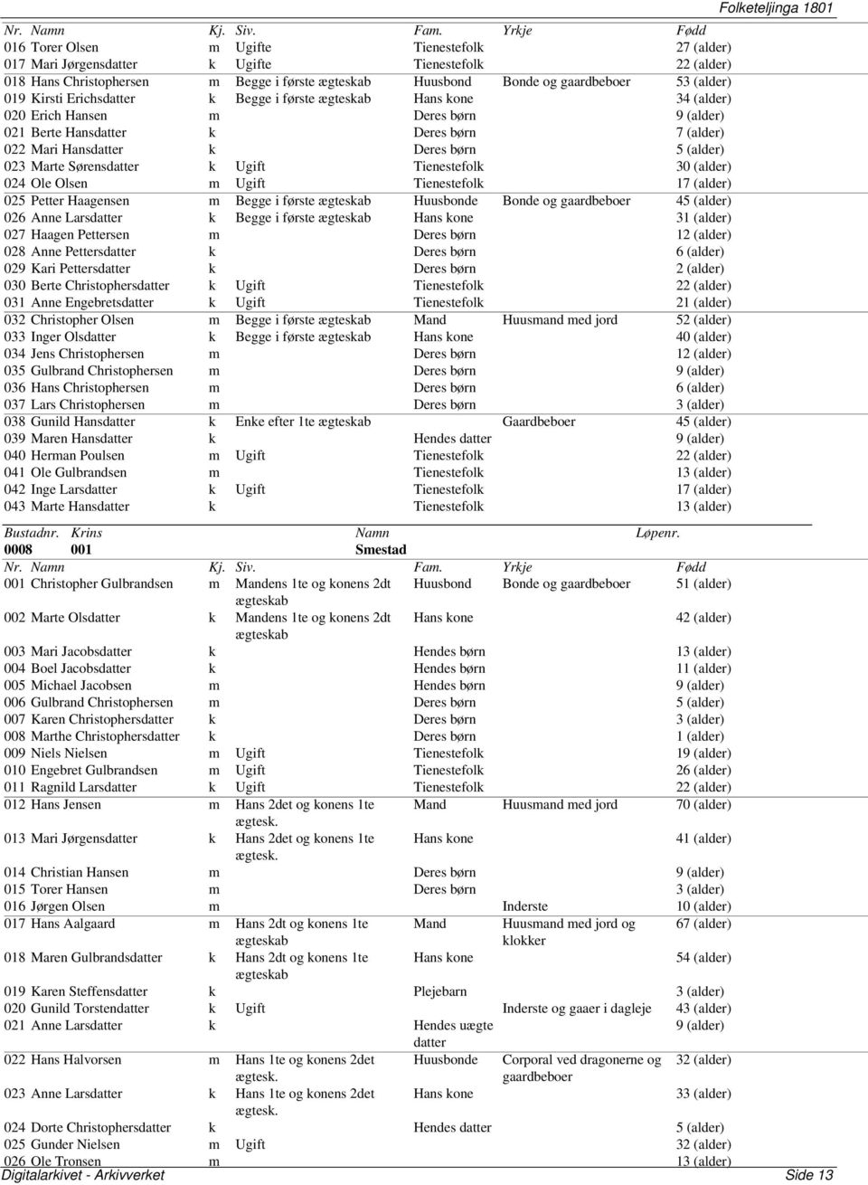 Marte Sørensdatter k Ugift Tienestefolk 30 (alder) 024 Ole Olsen m Ugift Tienestefolk 17 (alder) 025 Petter Haagensen m Begge i første ægteskab Huusbonde Bonde og gaardbeboer 45 (alder) 026 Anne