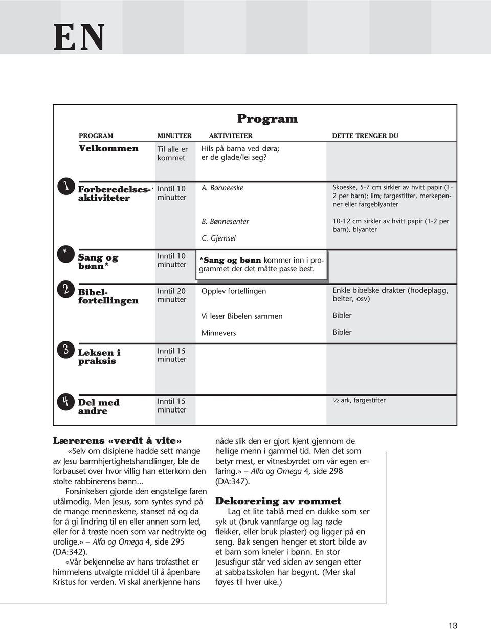 Gjemsel 10-12 cm sirkler av hvitt papir (1-2 per barn), blyanter * Sang og bønn* Inntil 10 minutter *Sang og bønn kommer inn i programmet der det måtte passe best. 2 Bibelfortellingen Bibelfortell.
