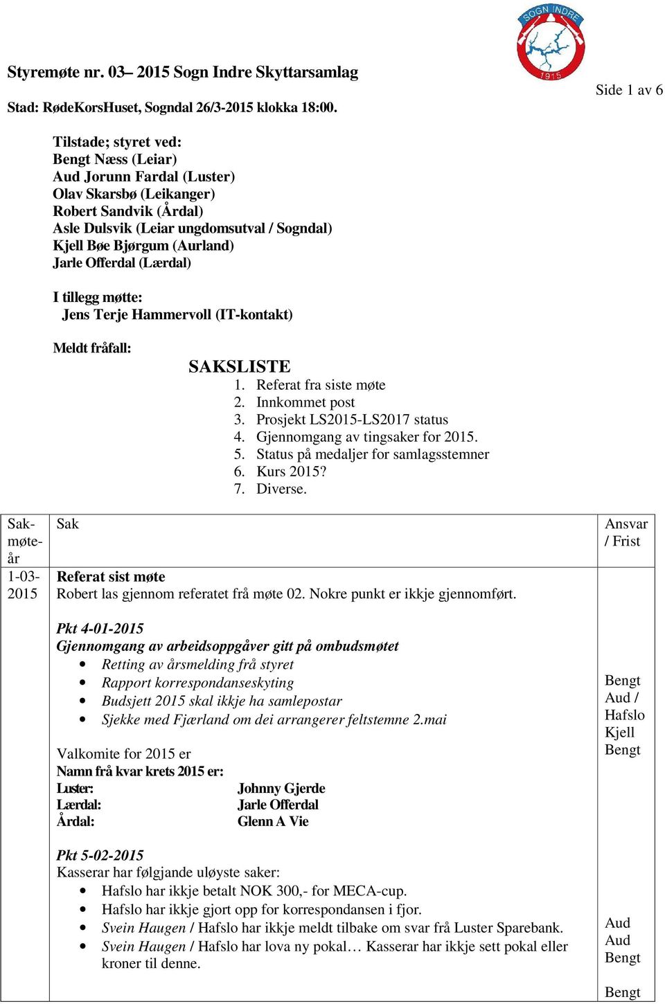 Offerdal (Lærdal) I tillegg møtte: Jens Terje Hammervoll (IT-kontakt) Meldt fråfall: SAKSLISTE 1. Referat fra siste møte 2. Innkommet post 3. Prosjekt LS-LS2017 status 4. Gjennomgang av tingsaker for.