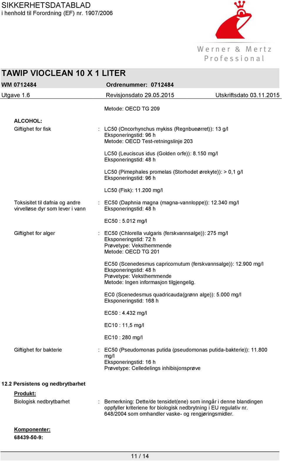 200 mg/l Toksisitet til dafnia og andre virvelløse dyr som lever i vann : EC50 (Daphnia magna (magna-vannloppe)): 12.340 mg/l Eksponeringstid: 48 h EC50 : 5.