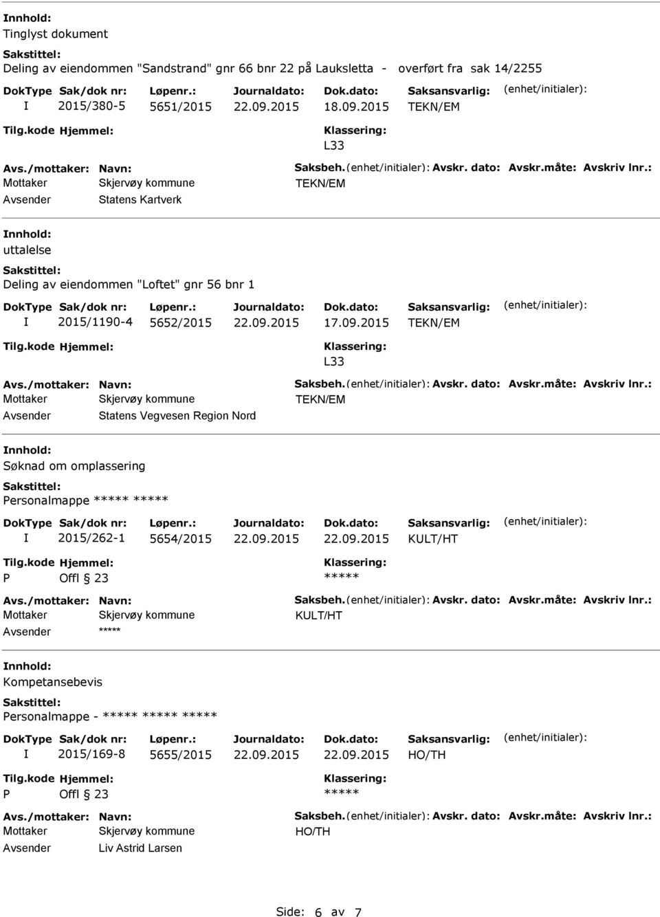 måte: Avskriv lnr.: Statens Vegvesen Region Nord Søknad om omplassering ersonalmappe 2015/262-1 5654/2015 KLT/HT Avs./mottaker: Navn: Saksbeh. Avskr. dato: Avskr.