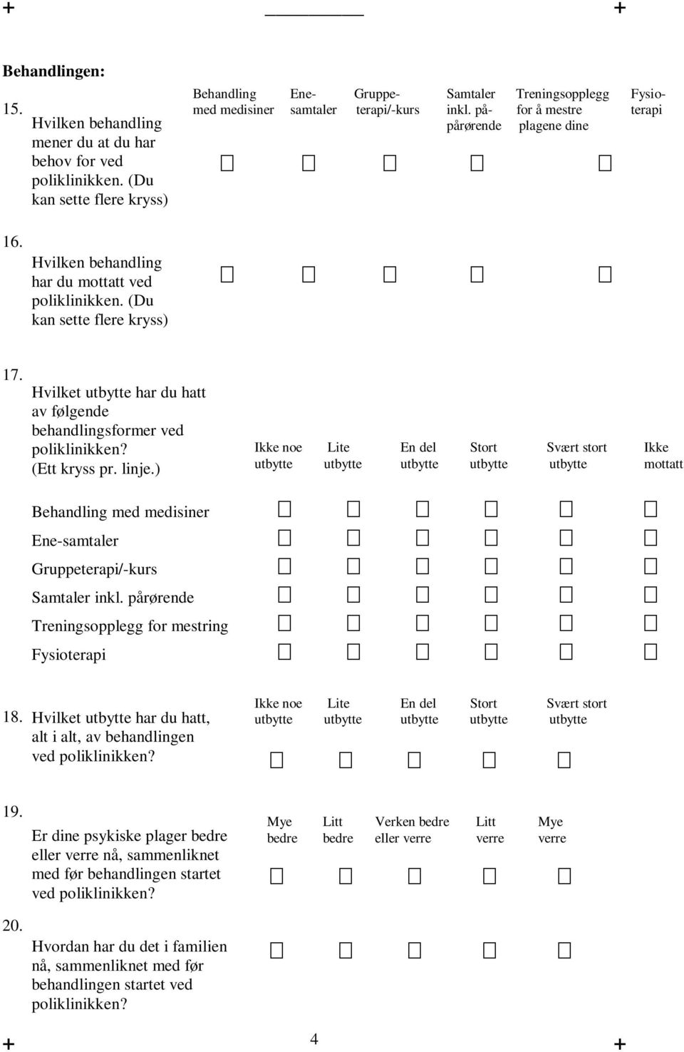 Hvilken behandling har du mottatt ved poliklinikken. (Du kan sette flere kryss) 17. Hvilket utbytte har du hatt av følgende behandlingsformer ved (Ett kryss pr. linje.