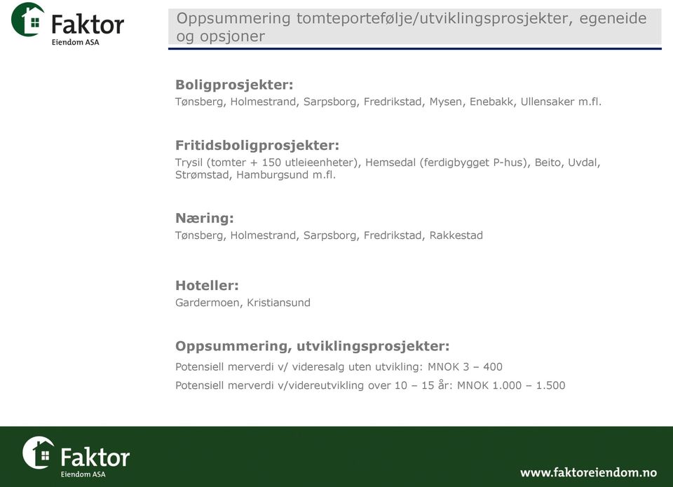 Fritidsboligprosjekter: Trysil (tomter + 150 utleieenheter), Hemsedal (ferdigbygget P-hus), Beito, Uvdal, Strømstad, Hamburgsund m.fl.