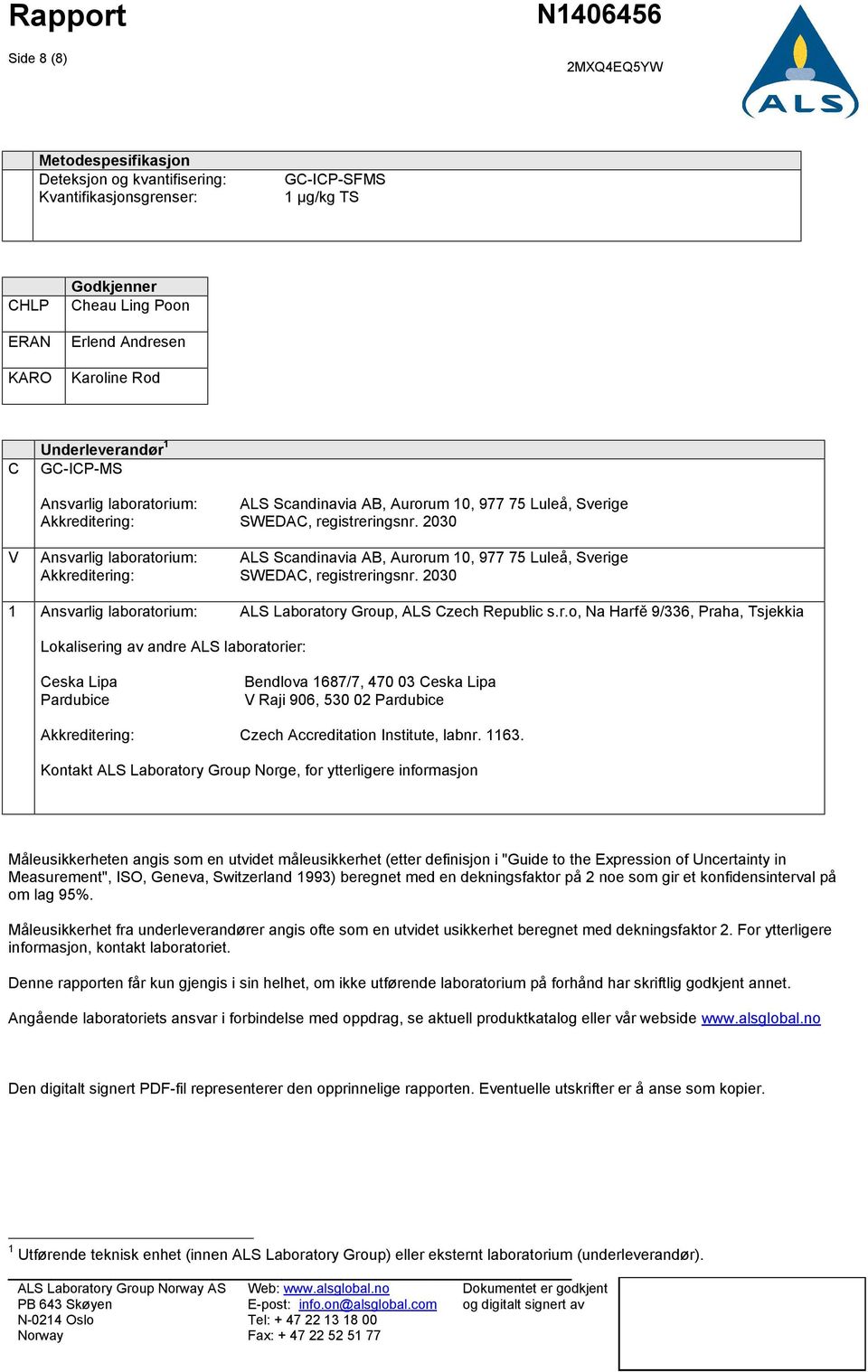 2030 V Ansvarlig laboratorium: ALS Scandinavia AB, Aurorum 10, 977 75 Luleå, Sverige Akkreditering: SWEDAC, registreringsnr. 2030 1 Ansvarlig laboratorium: ALS Laboratory Group, ALS Czech Republic s.