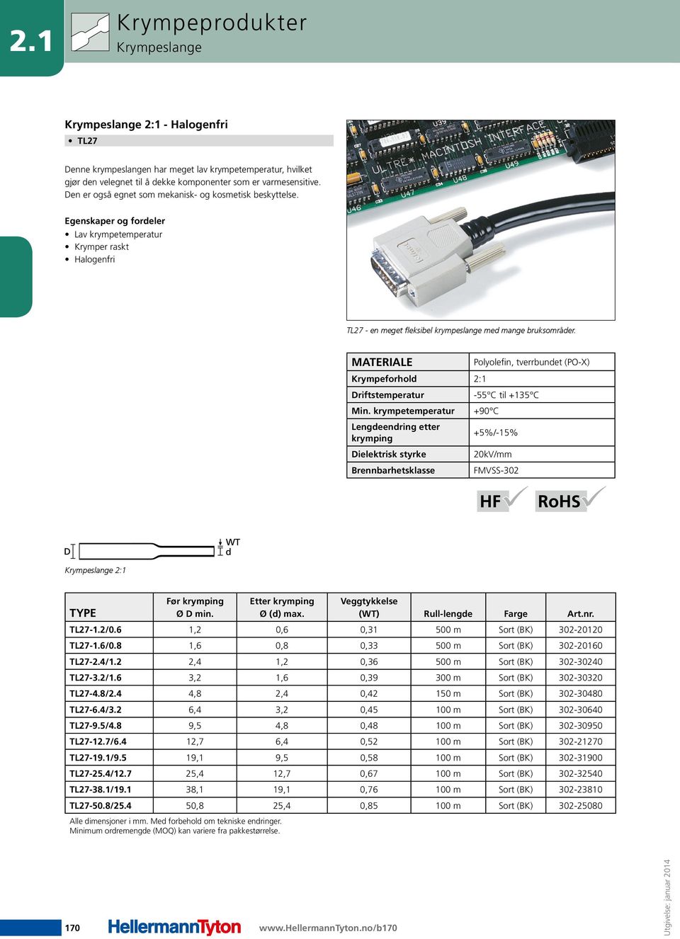 MATERIALE Polyolefin, tverrbundet (PO-X) Krympeforhold 2:1 Driftstemperatur Min.