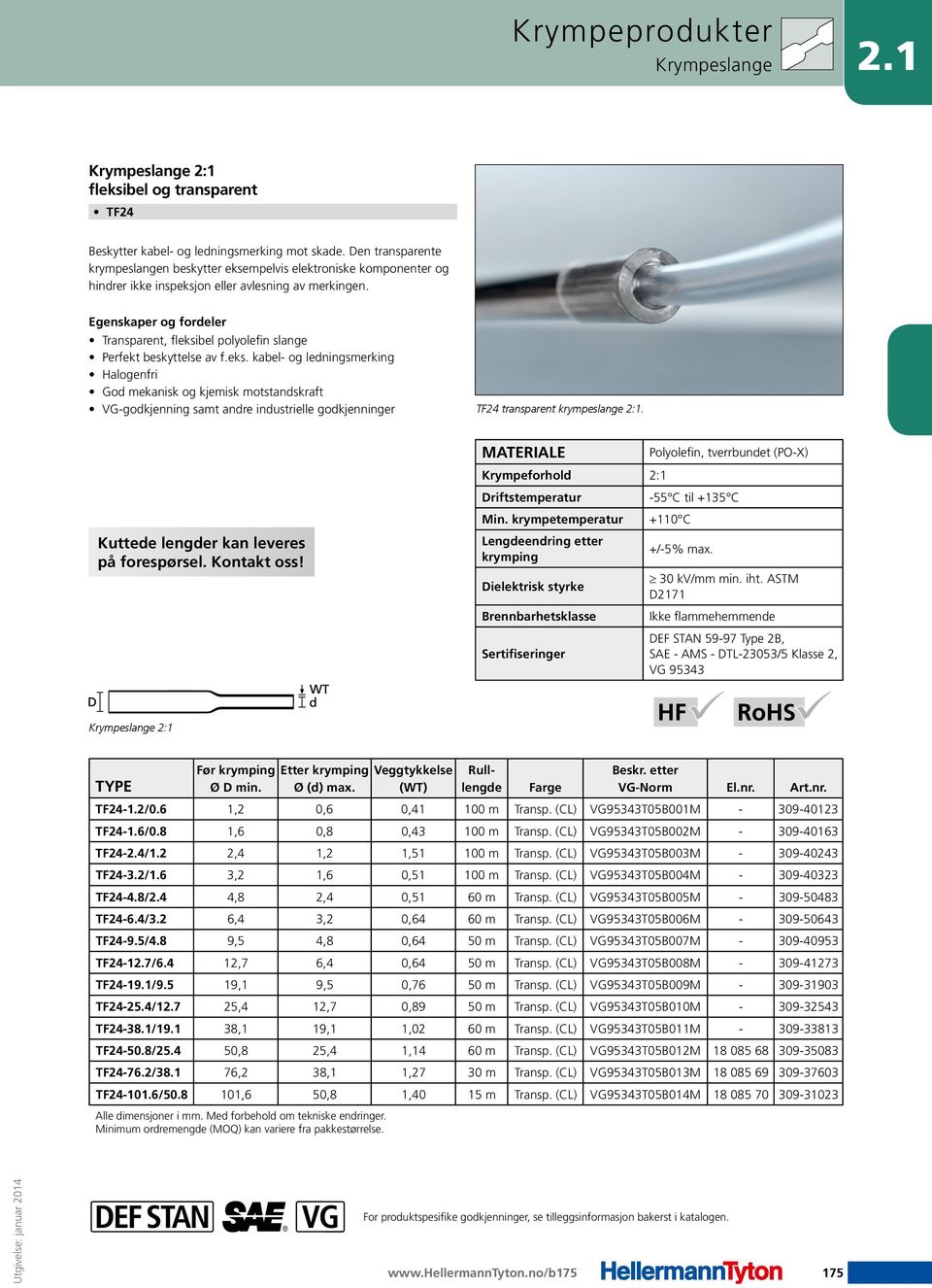 Transparent, fleksibel polyolefin slange Perfekt beskyttelse av f.eks. kabel- og ledningsmerking Halogenfri God mekanisk og kjemisk motstandskraft VG-godkjenning samt andre industrielle godkjenninger TF24 transparent krympeslange 2:1.