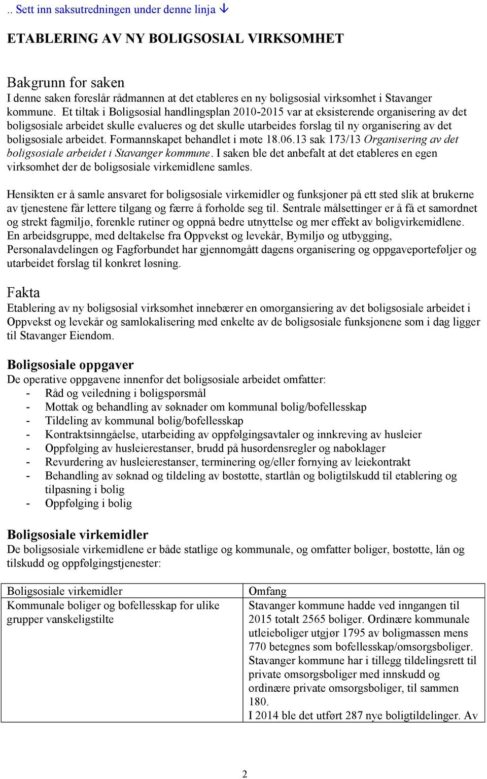 Et tiltak i Boligsosial handlingsplan 2010-2015 var at eksisterende organisering av det boligsosiale arbeidet skulle evalueres og det skulle utarbeides forslag til ny organisering av det boligsosiale