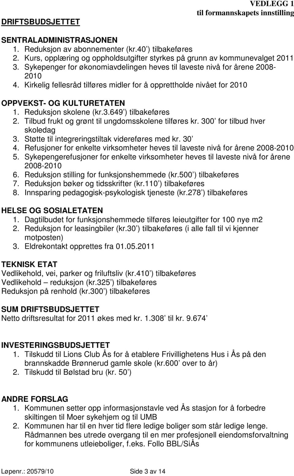 Kirkelig fellesråd tilføres midler for å opprettholde nivået for 2010 OPPVEKST- OG KULTURETATEN 1. Reduksjon skolene (kr.3.649 ) tilbakeføres 2. Tilbud frukt og grønt til ungdomsskolene tilføres kr.