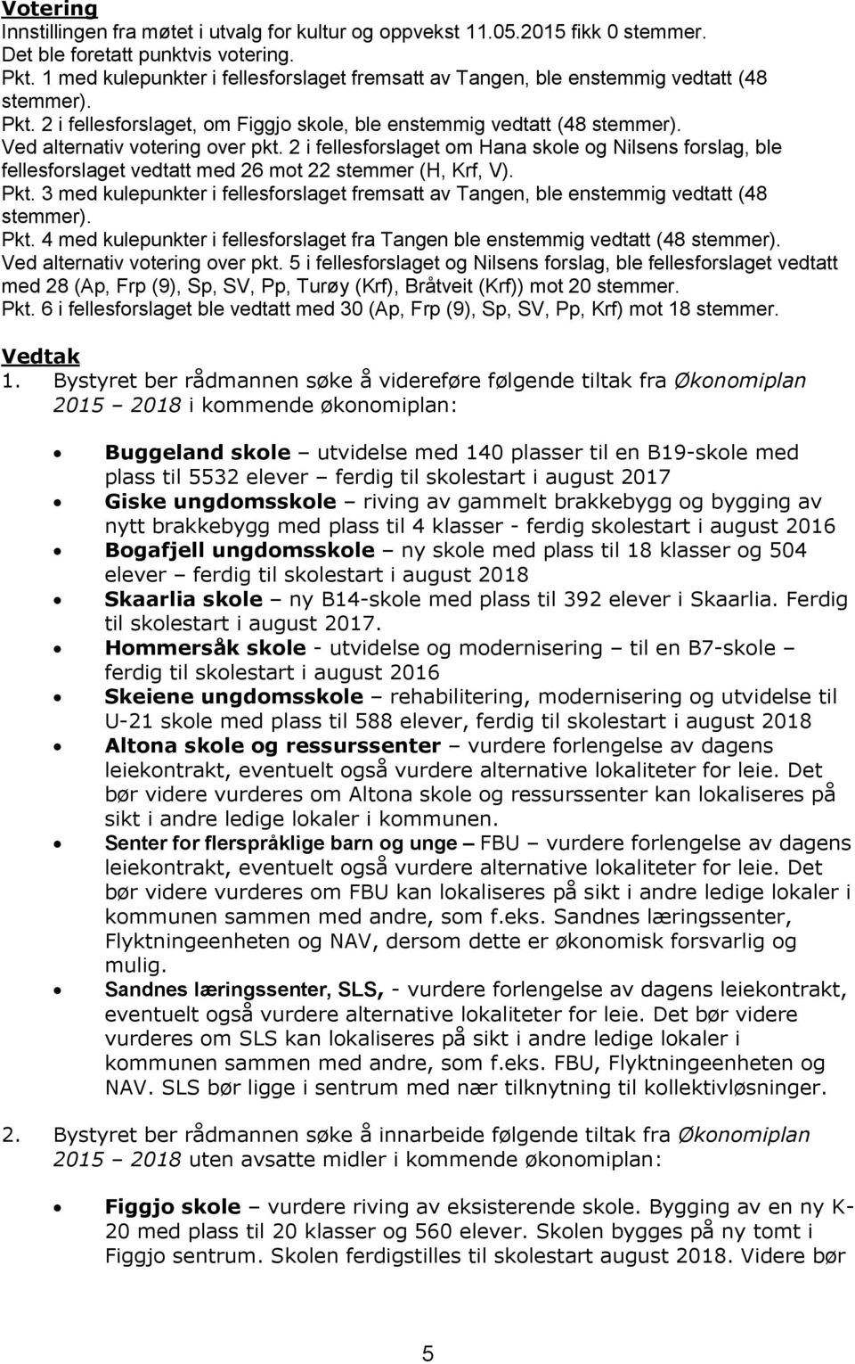 Ved alternativ votering over pkt. 2 i fellesforslaget om Hana skole og Nilsens forslag, ble fellesforslaget vedtatt med 26 mot 22 stemmer (H, Krf, V). Pkt.