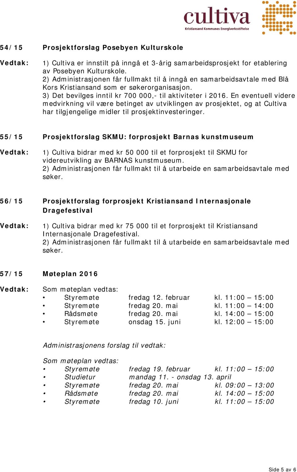 En eventuell videre medvirkning vil være betinget av utviklingen av prosjektet, og at Cultiva har tilgjengelige midler til prosjektinvesteringer.