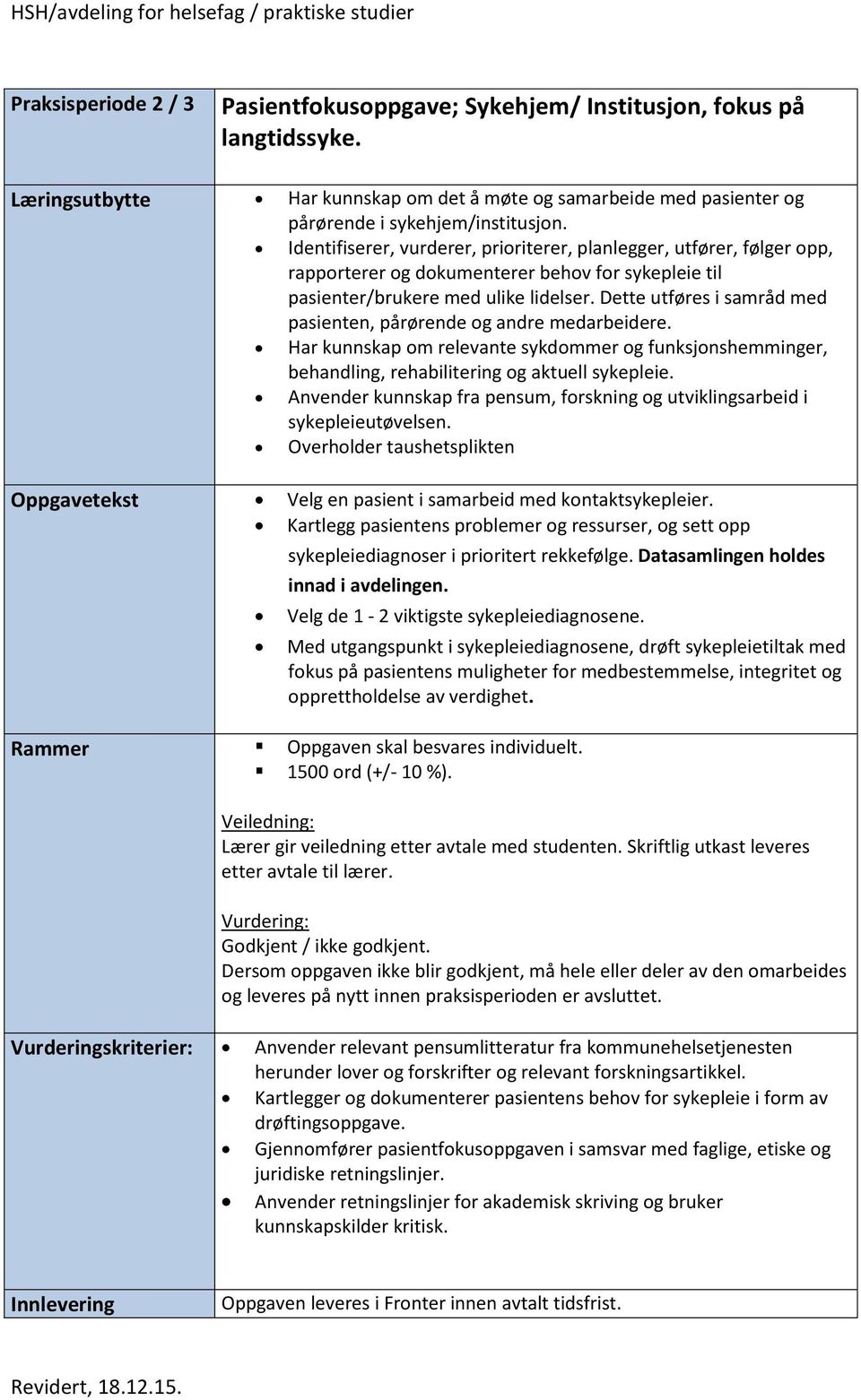 Dette utføres i samråd med pasienten, pårørende og andre medarbeidere. Har kunnskap om relevante sykdommer og funksjonshemminger, behandling, rehabilitering og aktuell sykepleie.