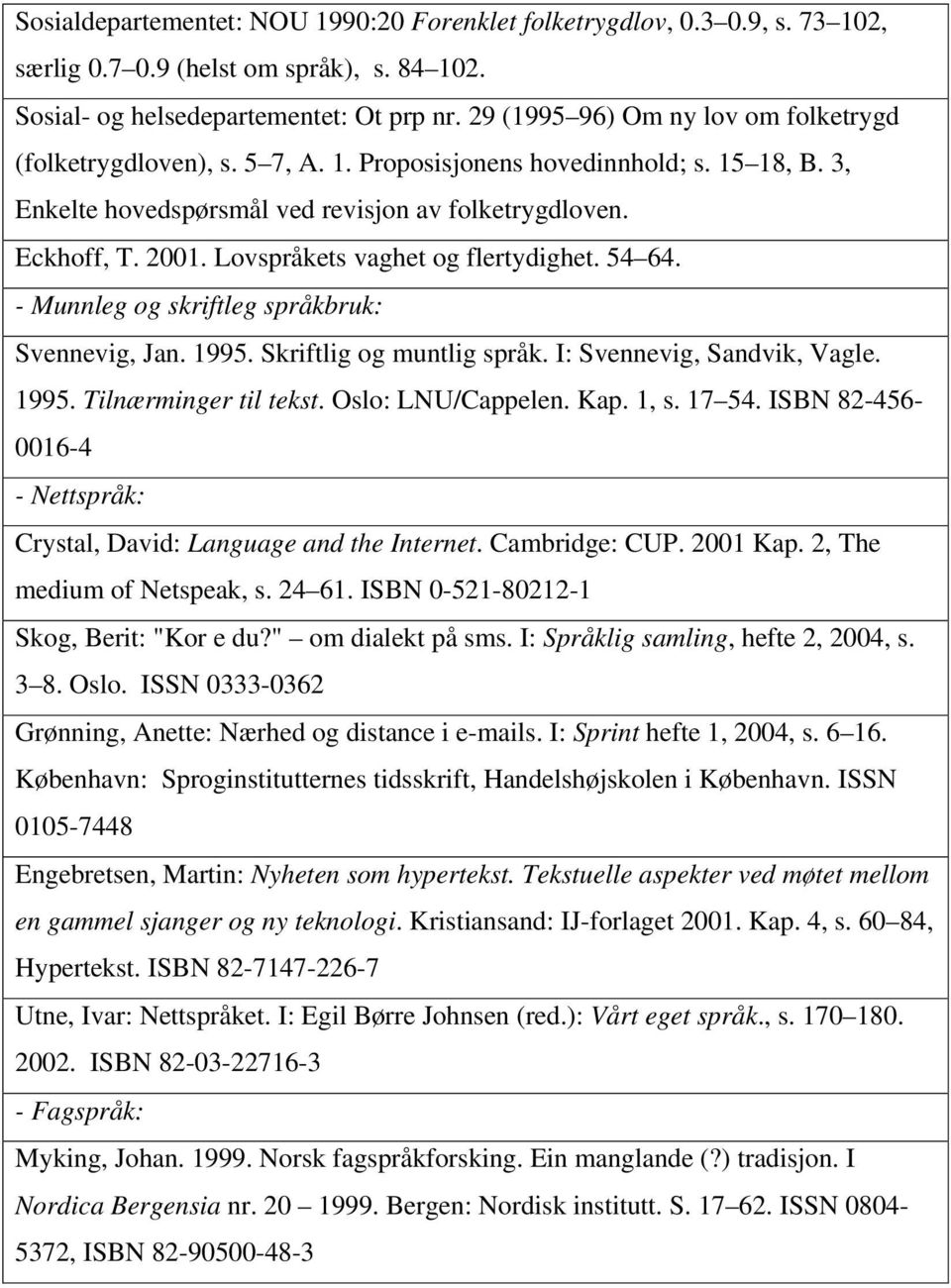 Lovspråkets vaghet og flertydighet. 54 64. - Munnleg og skriftleg språkbruk: Svennevig, Jan. 1995. Skriftlig og muntlig språk. I: Svennevig, Sandvik, Vagle. 1995. Tilnærminger til tekst.