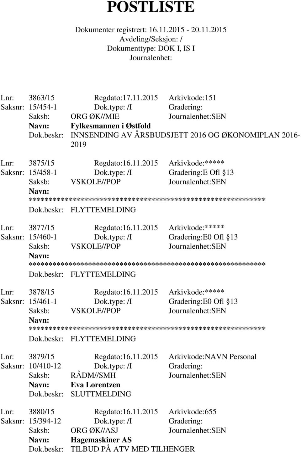 type: /I Gradering:E Ofl 13 Saksb: VSKOLE//POP SEN Lnr: 3877/15 Regdato:16.11.2015 Arkivkode:***** Saksnr: 15/460-1 Dok.type: /I Gradering:E0 Ofl 13 Saksb: VSKOLE//POP SEN Lnr: 3878/15 Regdato:16.11.2015 Arkivkode:***** Saksnr: 15/461-1 Dok.
