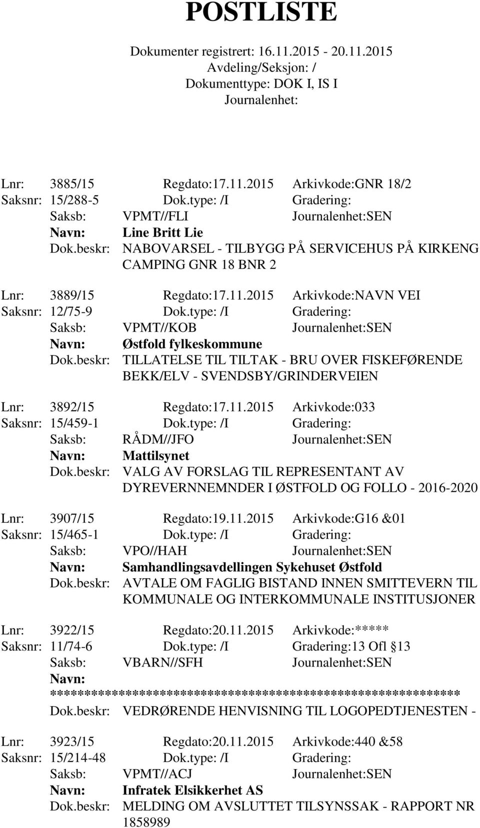 type: /I Gradering: Saksb: VPMT//KOB SEN Østfold fylkeskommune Dok.beskr: TILLATELSE TIL TILTAK - BRU OVER FISKEFØRENDE BEKK/ELV - SVENDSBY/GRINDERVEIEN Lnr: 3892/15 Regdato:17.11.