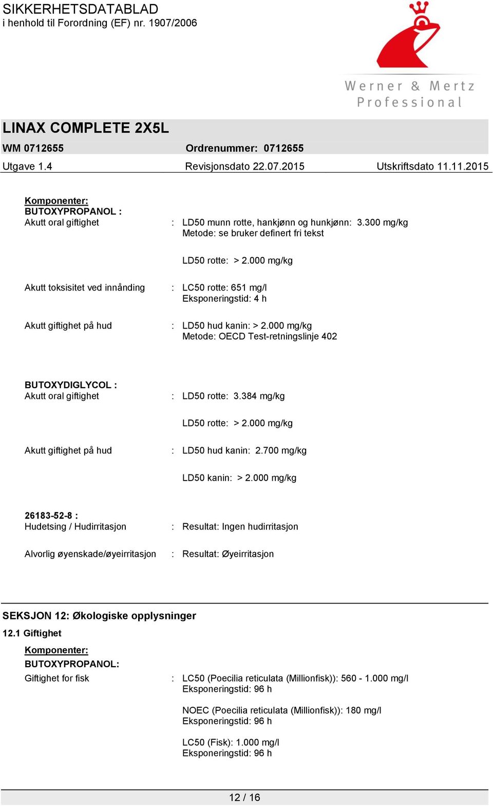 000 mg/kg Metode: OECD Test-retningslinje 402 BUTOXYDIGLYCOL : Akutt oral giftighet : LD50 rotte: 3.384 mg/kg LD50 rotte: > 2.000 mg/kg Akutt giftighet på hud : LD50 hud kanin: 2.