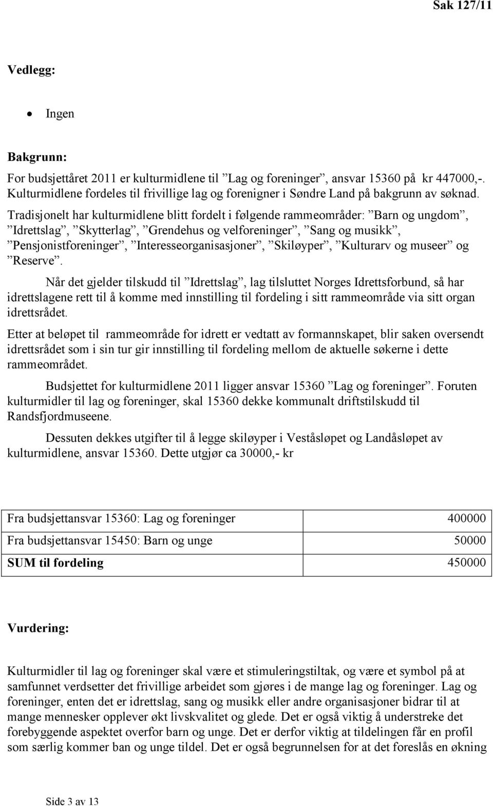 Tradisjonelt har kulturmidlene blitt fordelt i følgende rammeområder: Barn og ungdom, Idrettslag, Skytterlag, Grendehus og velforeninger, Sang og musikk, Pensjonistforeninger,