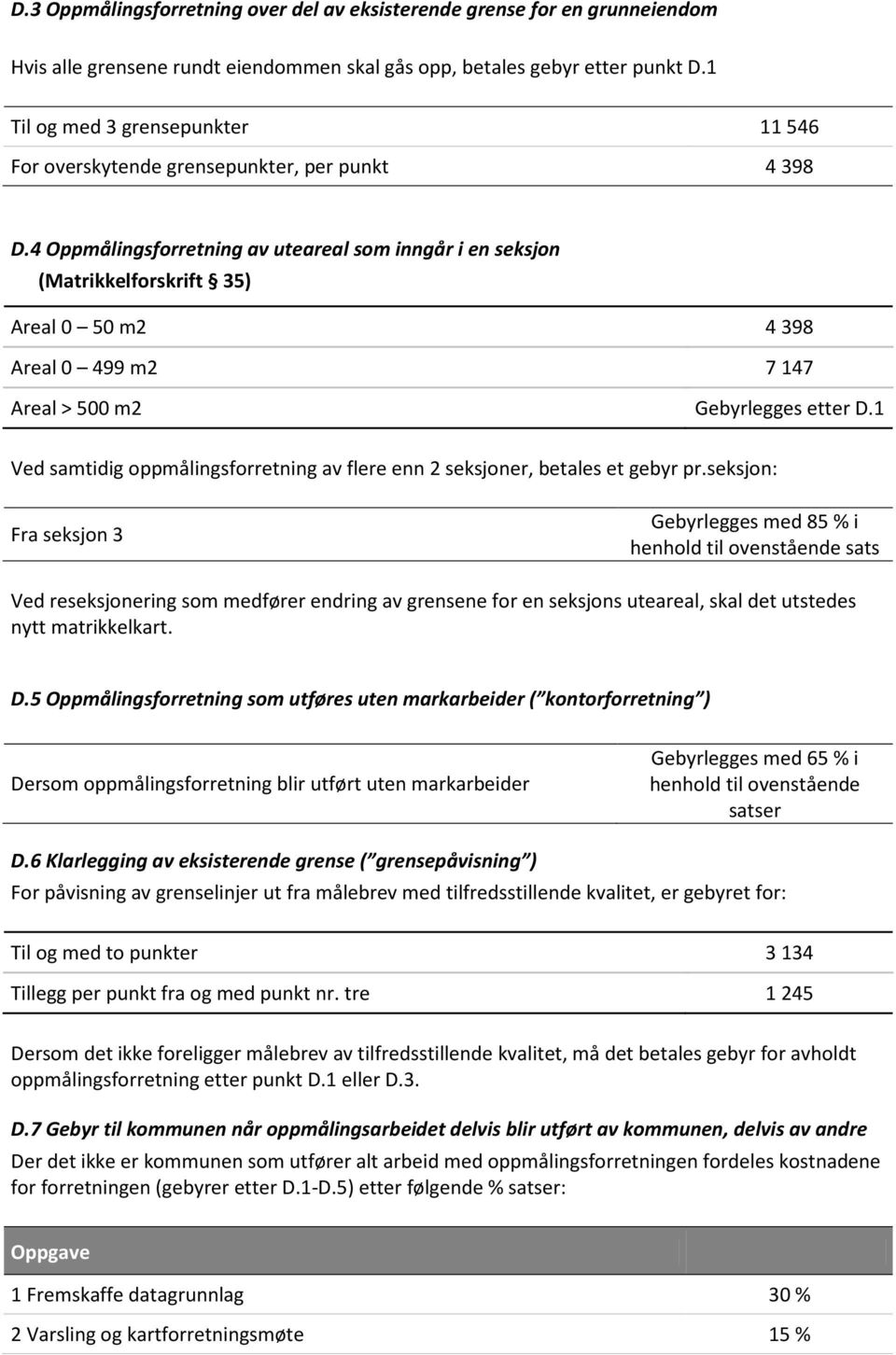 4 Oppmålingsforretning av uteareal som inngår i en seksjon (Matrikkelforskrift 35) Areal 0 50 m2 4 398 Areal 0 499 m2 7 147 Areal > 500 m2 Gebyrlegges etter D.