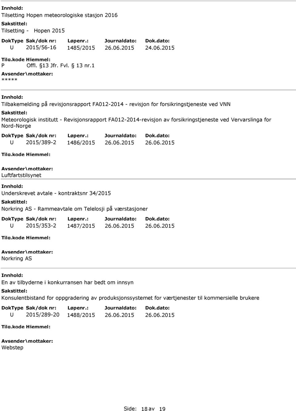 Vervarslinga for Nord-Norge 2015/389-2 1486/2015 Luftfartstilsynet nderskrevet avtale - kontraktsnr 34/2015 Norkring AS - Rammeavtale om