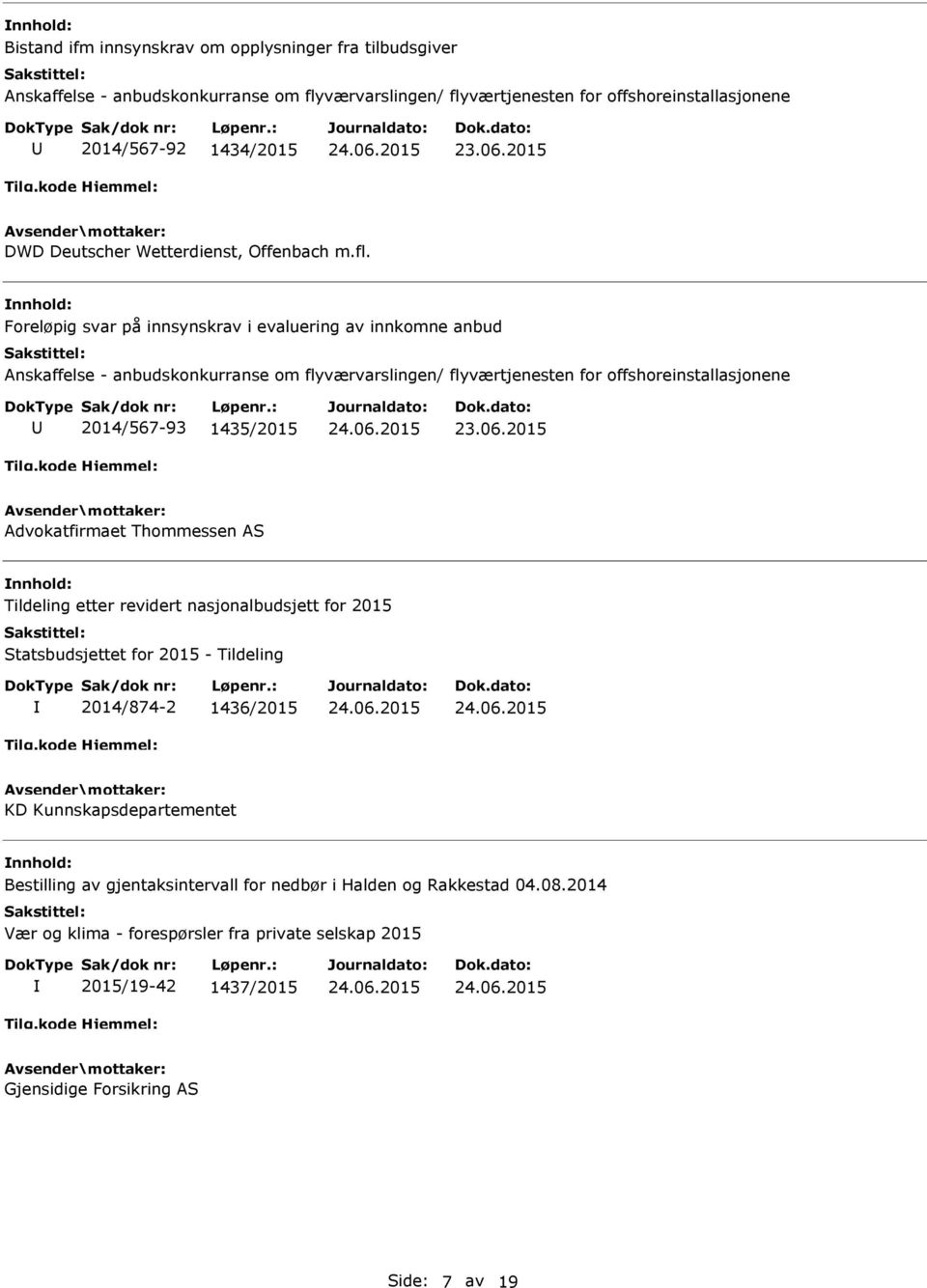 Foreløpig svar på innsynskrav i evaluering av innkomne anbud Anskaffelse - anbudskonkurranse om flyværvarslingen/ flyværtjenesten for offshoreinstallasjonene 2014/567-93 1435/2015