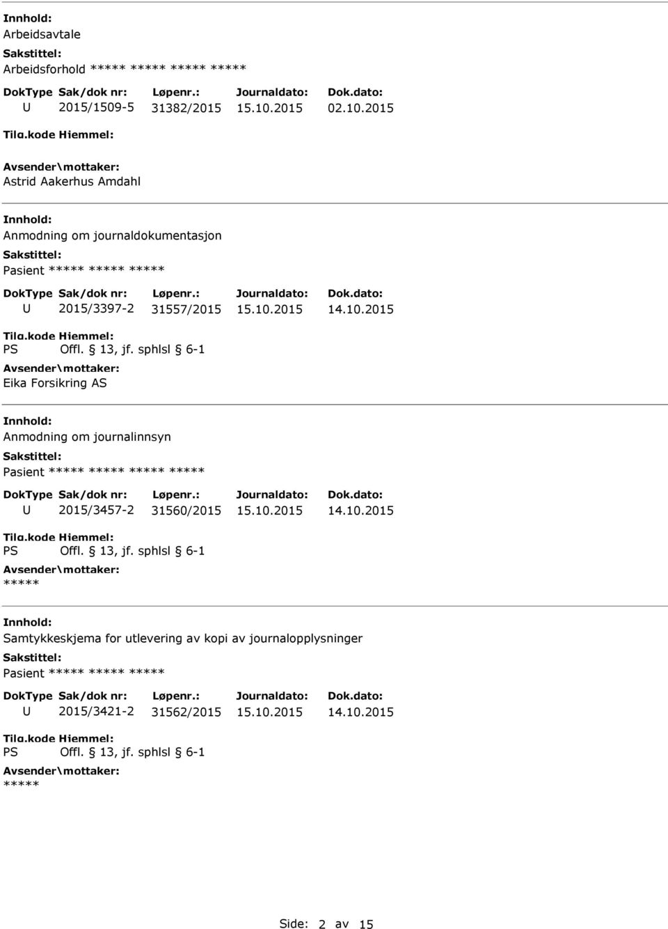 31557/2015 Eika Forsikring AS Anmodning om journalinnsyn 2015/3457-2