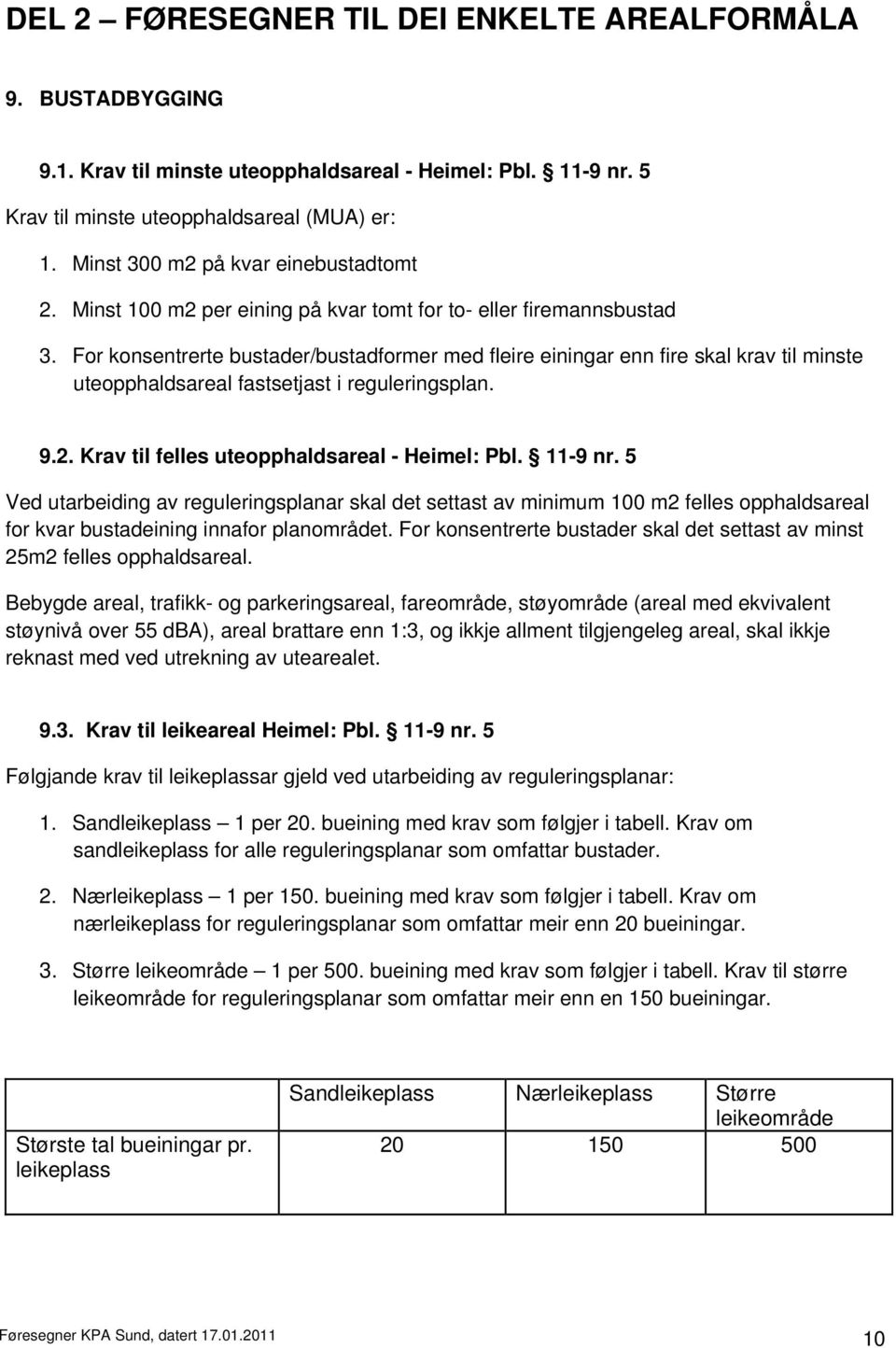 For konsentrerte bustader/bustadformer med fleire einingar enn fire skal krav til minste uteopphaldsareal fastsetjast i reguleringsplan. 9.2. Krav til felles uteopphaldsareal - Heimel: Pbl. 11-9 nr.