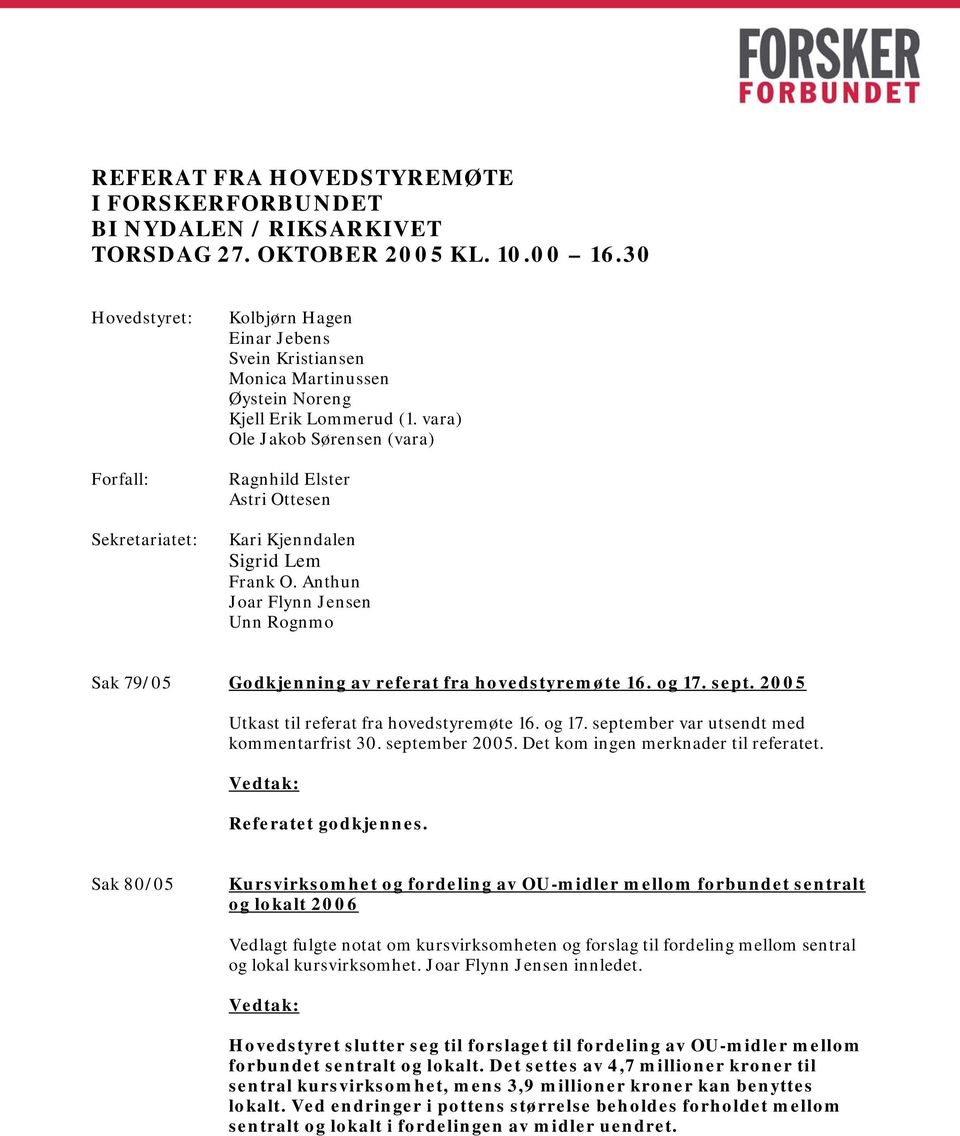 vara) Ole Jakob Sørensen (vara) Ragnhild Elster Astri Ottesen Kari Kjenndalen Sigrid Lem Frank O. Anthun Joar Flynn Jensen Unn Rognmo Sak 79/05 Godkjenning av referat fra hovedstyremøte 16. og 17.