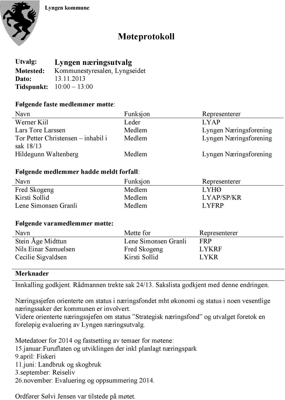 Lyngen Næringsforening sak 18/13 Hildegunn Waltenberg Medlem Lyngen Næringsforening Følgende medlemmer hadde meldt forfall: Navn Funksjon Representerer Fred Skogeng Medlem LYHØ Kirsti Sollid Medlem