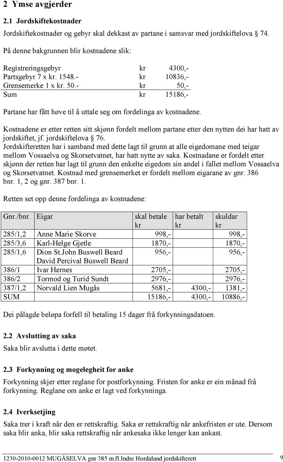- kr 50,- Sum kr 15186,- Partane har fått høve til å uttale seg om fordelinga av kostnadene.