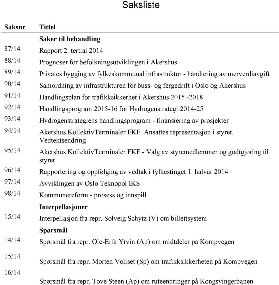 og fergedrift i Oslo og Akershus 91/14 Handlingsplan for trafikksikkerhet i Akershus 2015-2018 92/14 Handlingsprogram 2015-16 for Hydrogenstrategi 2014-25 93/14 Hydrogenstrategiens handlingsprogram -
