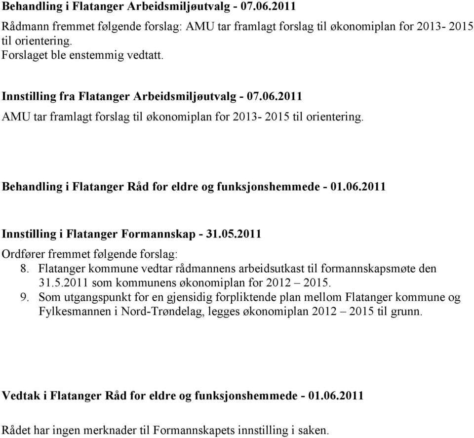 Behandling i Flatanger Råd for eldre og funksjonshemmede - 01.06.2011 Innstilling i Flatanger Formannskap - 31.05.2011 8.