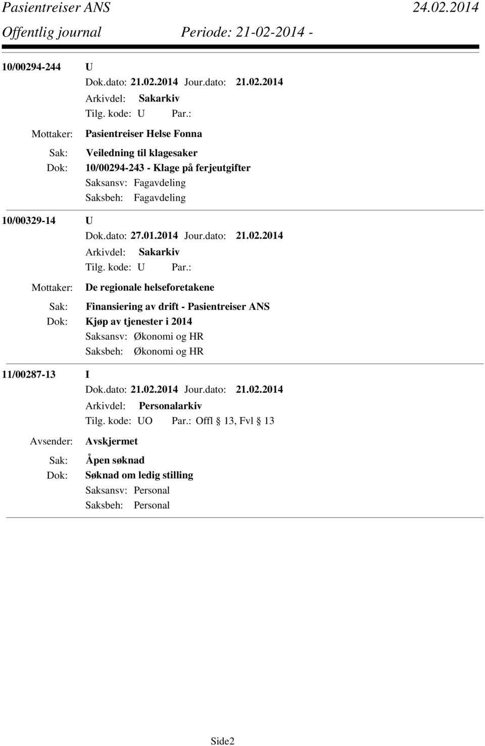 2014 De regionale helseforetakene Finansiering av drift - Pasientreiser ANS Kjøp av tjenester i 2014 Saksansv: Økonomi og