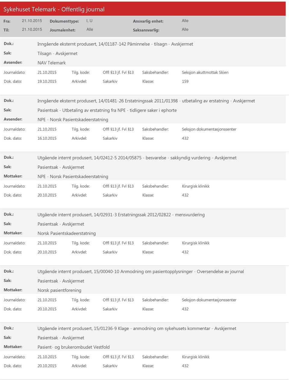 2015 Arkivdel: Sakarkiv Utgående internt produsert, 14/02412-5 2014/05875 - besvarelse - sakkyndig vurdering - Pasientsak - NPE - Norsk Pasientskadeerstatning Utgående internt produsert, 14/02931-3
