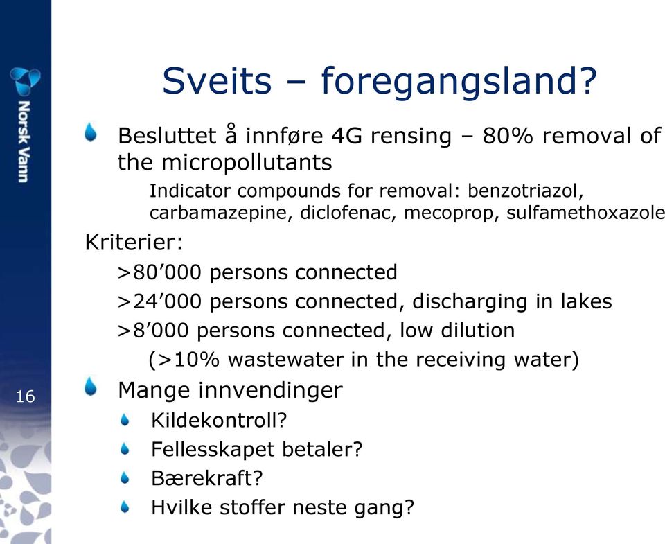 benzotriazol, carbamazepine, diclofenac, mecoprop, sulfamethoxazole >80 000 persons connected >24 000 persons