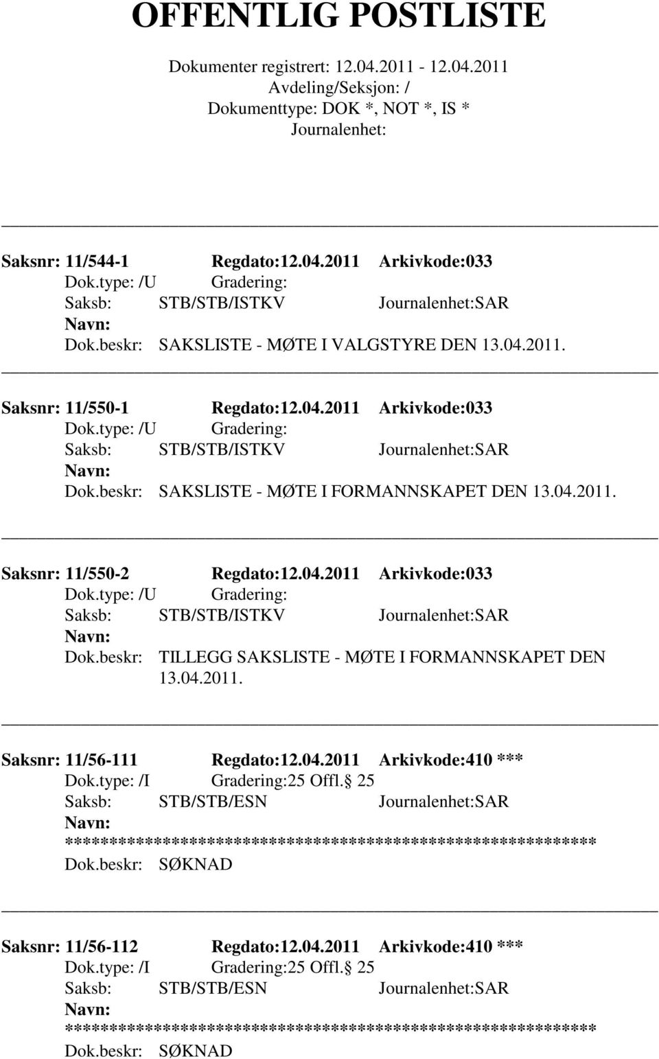 04.2011. Saksnr: 11/56-111 Regdato:12.04.2011 Arkivkode:410 *** 25 Offl. 25 Saksb: STB/STB/ESN SAR 