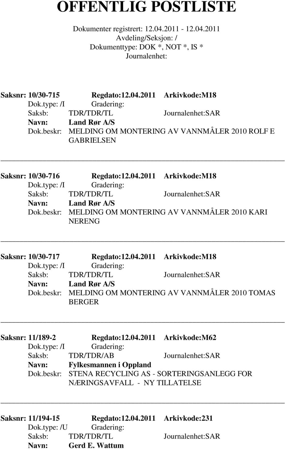 beskr: MELDING OM MONTERING AV VANNMÅLER 2010 KARI NERENG Saksnr: 10/30-717 Regdato:12.04.2011 Arkivkode:M18 Land Rør A/S Dok.