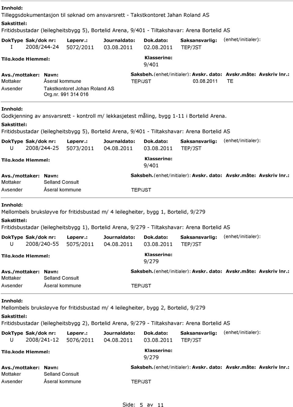 Fritidsbustadar (leilegheitsbygg 5), Bortelid Arena, 9/401 - Tiltakshavar: Arena Bortelid AS 2008/244-25 5073/2011 9/401 Selland Consult Mellombels bruksløyve for fritidsbustad m/ 4 leilegheiter,