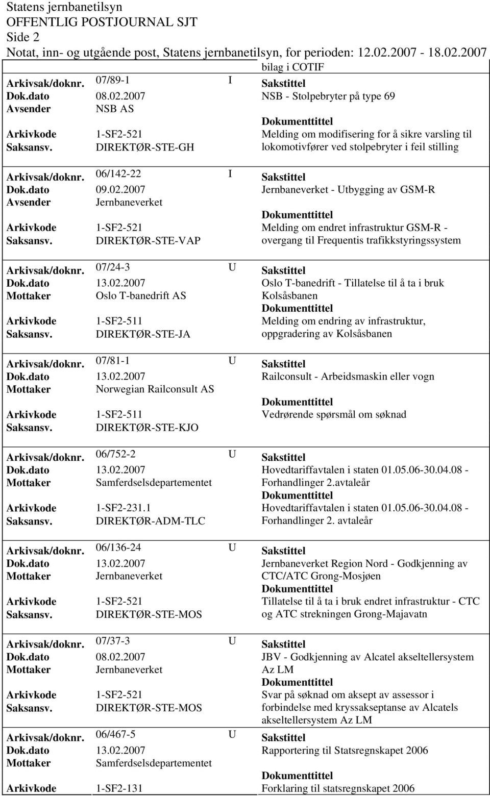 2007 Jernbaneverket - Utbygging av GSM-R Melding om endret infrastruktur GSM-R - overgang til Frequentis trafikkstyringssystem Arkivsak/doknr.