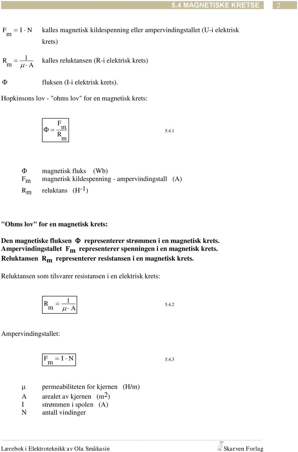 1 magnetisk fuks (Wb) m magnetisk kidespenning - ampervindingsta (A) R m reuktans (H -1 ) "Ohms ov" for en magnetisk krets: Den magnetiske fuksen representerer strømmen i en