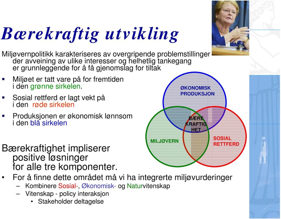 Sosial rettferd er lagt vekt på i den røde sirkelen Produksjonen er økonomisk lønnsom i den blå sirkelen MILJØVERN ØKONOMISK PRODUKSJON BÆRE KRAFTIG HET SOSIAL