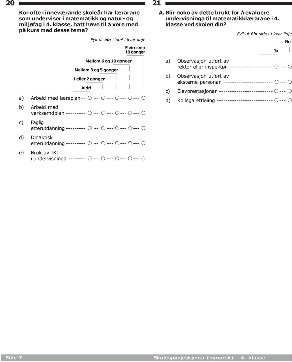 d) Didaktisk etterutdanning --------- A -- e) Bruk av IKT i undervisninga -------- A -- 21 A. Blir noko av dette brukt for å evaluere undervisninga til matematikklærarane i 4. klasse ved skolen din?