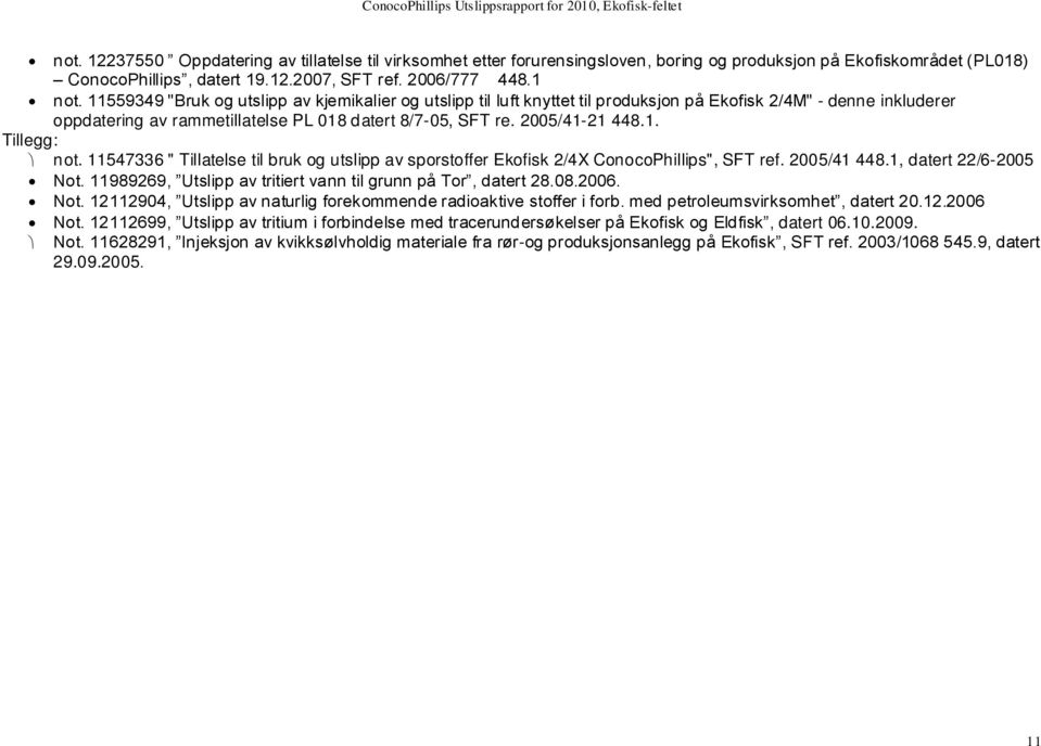 11547336 " Tillatelse til bruk og utslipp av sporstoffer Ekofisk 2/4X ConocoPhillips", SFT ref. 2005/41 448.1, datert 22/6-2005 Not. 11989269, Utslipp av tritiert vann til grunn på Tor, datert 28.08.