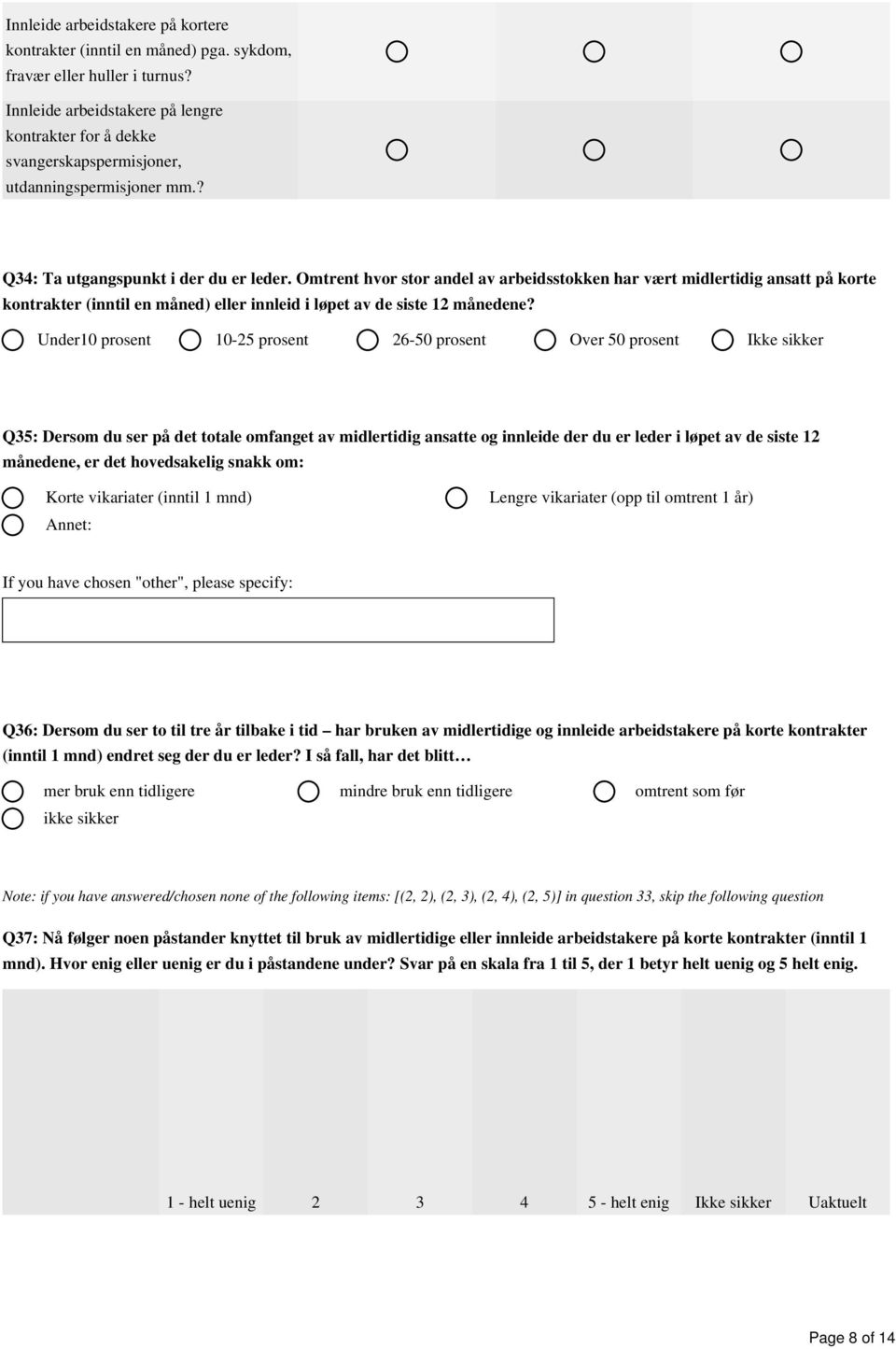 Omtrent hvor stor andel av arbeidsstokken har vært midlertidig ansatt på korte kontrakter (inntil en måned) eller innleid i løpet av de siste 12 månedene?