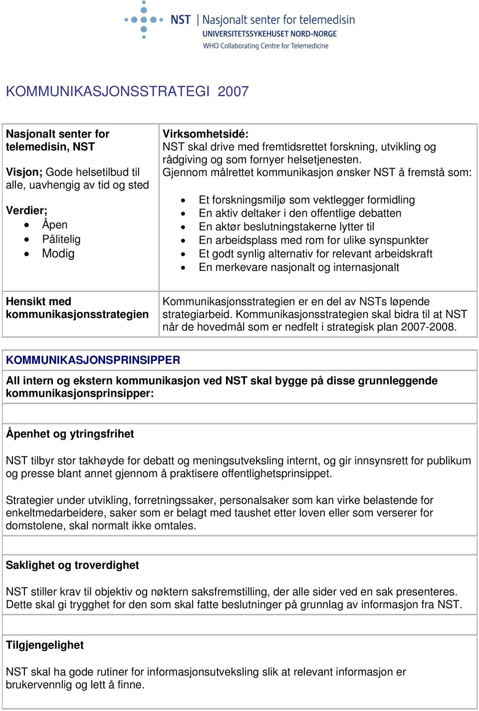 Gjennom målrettet kommunikasjon ønsker NST å fremstå som: Et forskningsmiljø som vektlegger formidling En aktiv deltaker i den offentlige debatten En aktør beslutningstakerne lytter til En