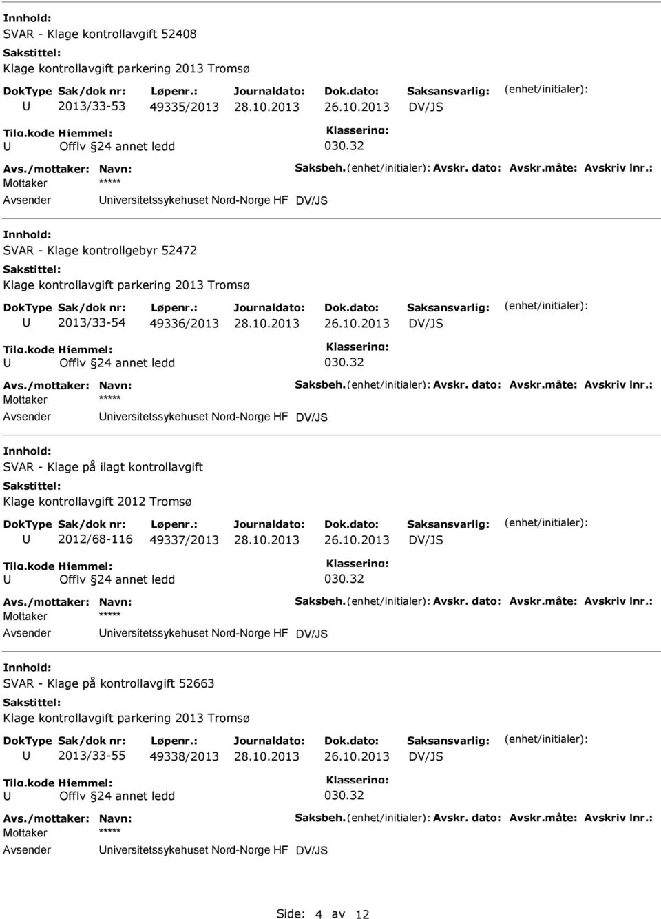 : niversitetssykehuset Nord-Norge HF SVAR - Klage på ilagt kontrollavgift Klage kontrollavgift 2012 Tromsø 2012/68-116 49337/2013 Avs./mottaker: Navn: Saksbeh. Avskr.