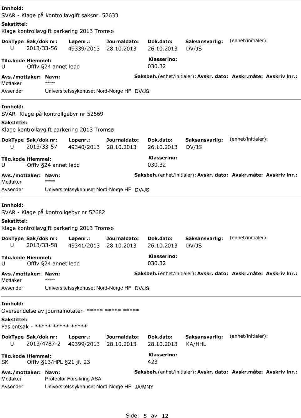 : niversitetssykehuset Nord-Norge HF SVAR - Klage på kontrollgebyr nr 52682 2013/33-58 49341/2013 Avs./mottaker: Navn: Saksbeh. Avskr. dato: Avskr.måte: Avskriv lnr.